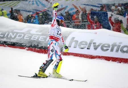 Feb 15, 2015; Beaver Creek, CO, USA; Jean-Baptiste Grange of France reacts after run two of the men's slalom in the FIS alpine skiing world championships at Birds of Prey Racecourse. Jeff Swinger-USA TODAY Sports