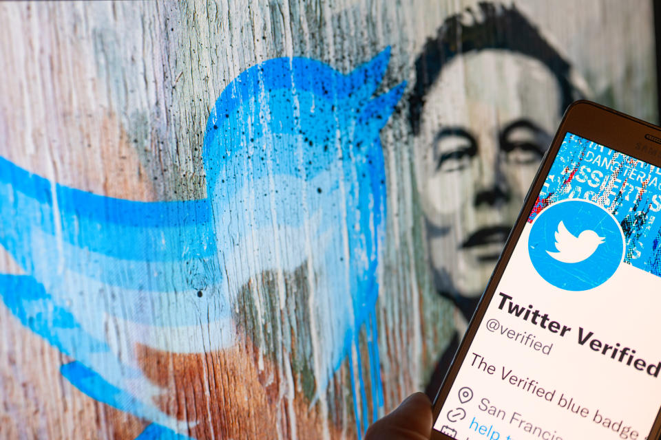 Ícono de Twitter Verified visto en la pantalla del móvil con Elon Musk en la ilustración de fondo. (Ilustración fotográfica de Jonathan Raa/NurPhoto a través de Getty Images)