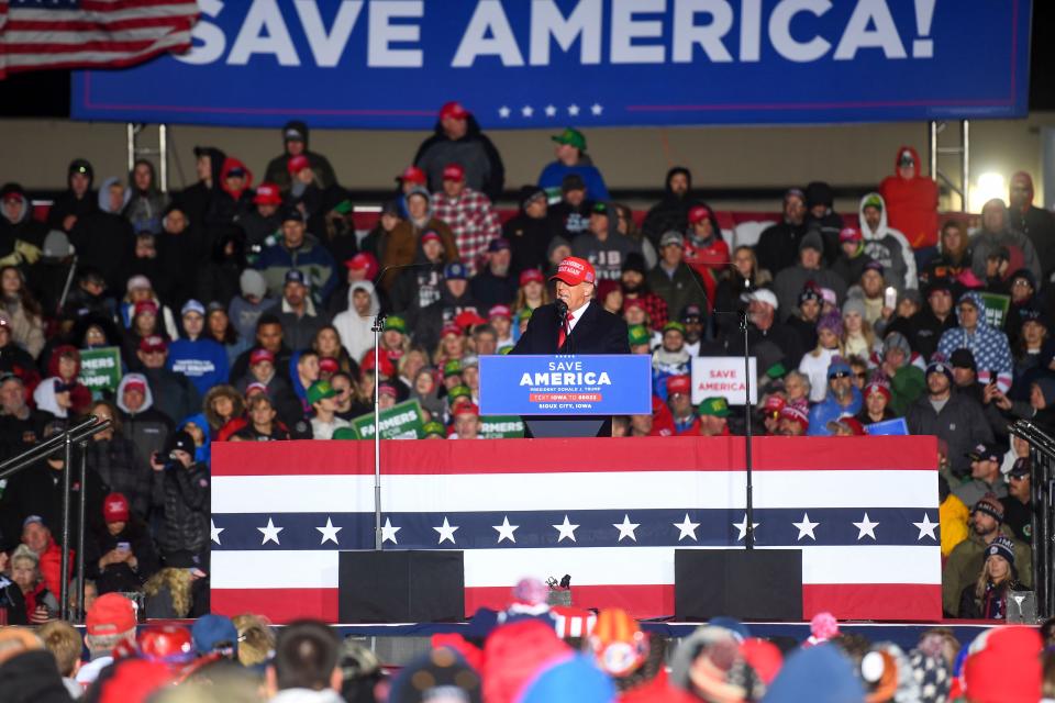 Former President Donald Trump holds a rally on Thursday, November 3, 2022, at the Sioux City Gateway Airport in Iowa.