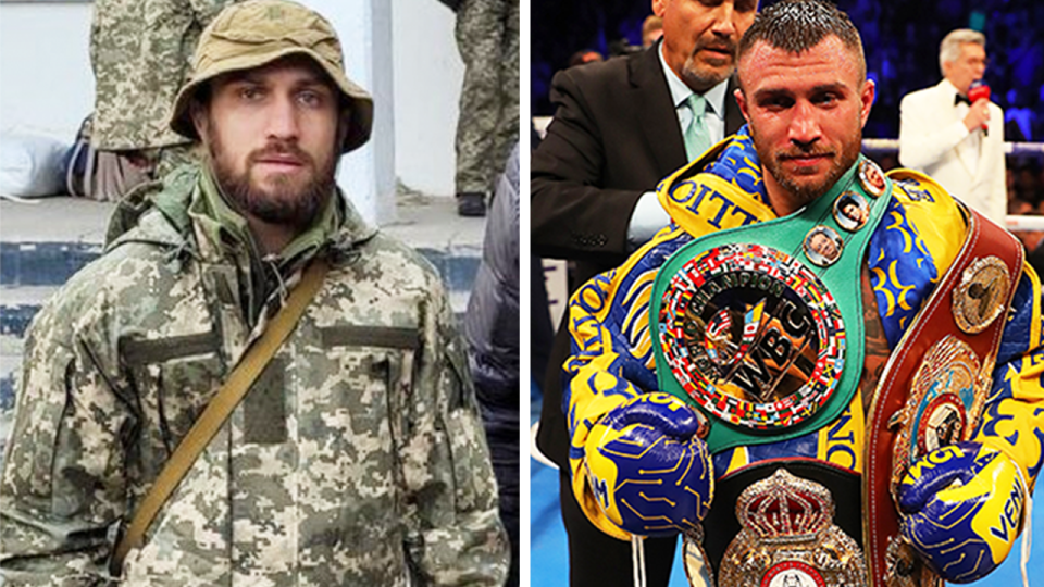 Boxing great Vasily Lomachenko (pictured) in military gear back in Ukraine and (pictured right) holding his belts in the ring.