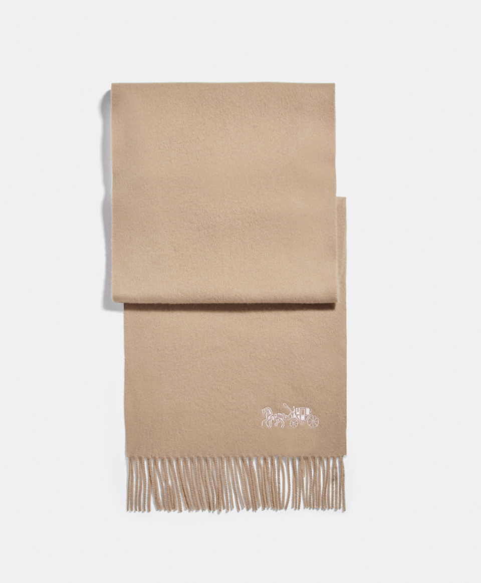 Embroidered Horse And Carriage Cashmere Muffler in beige(Photo via Coach Outlet)