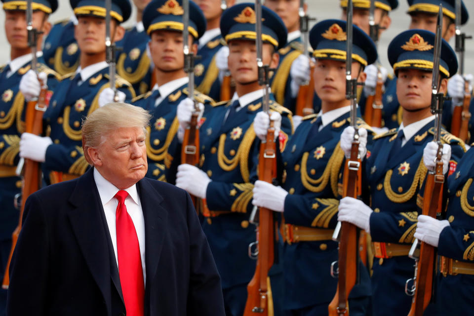 U.S. President Donald Trump takes part in a welcoming ceremony at the Great hall of the People in Beijing, China.
