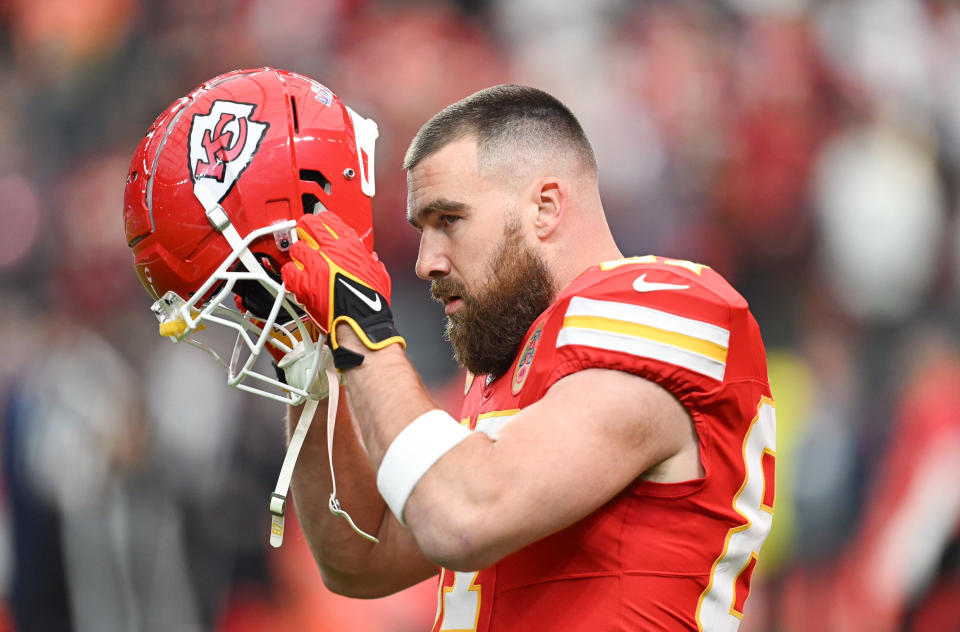 Kansas City Chiefs tight end Travis Kelce (87) puts on his helmet during warm-ups before Super Bowl LVIII, Sunday, Feb. 11, 2024, at Allegiant Stadium in Las Vegas. (Nick Wagner/The Kansas City Star/Tribune News Service via Getty Images)