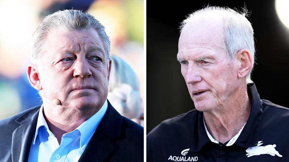 Wayne Bennett (pictured right) during Rabbitohs training and Gus Gould (pictured left) during commentary.