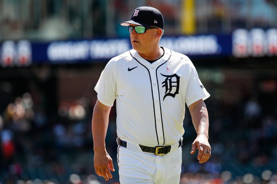 Detroit Tigers manager A.J. Hinch (14) walks off the field after a pitching change during the eighth inning at Comerica Park in Detroit on Sunday, May 12, 2024.