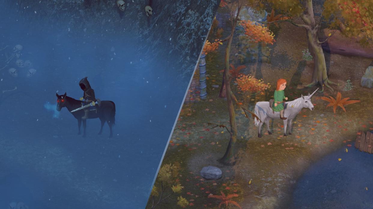  Mirthwood - a split screen of two different players, one at night in a cloak on a black horse and the other during the day riding a unicorn in autumn. 