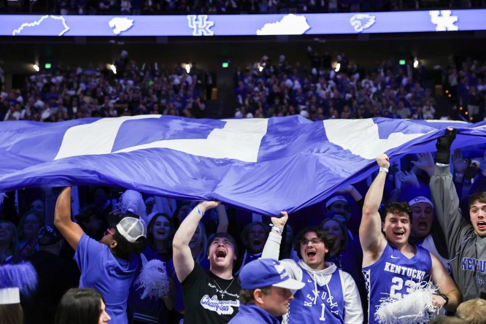 Kentucky Wildcats fans in the student section cheer before the game against the Tennessee Volunteers at Rupp Arena in Lexington, Ky, Saturday, February 3, 2024.