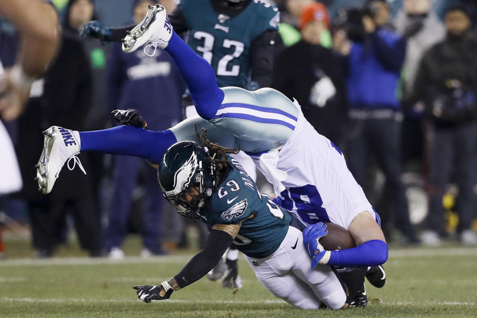 Philadelphia Eagles cornerback Avonte Maddox (29) brings down Dallas Cowboys tight end Jason Witten during the first half of an NFL football game Sunday, Dec. 22, 2019, in Philadelphia. (AP Photo/Michael Perez)