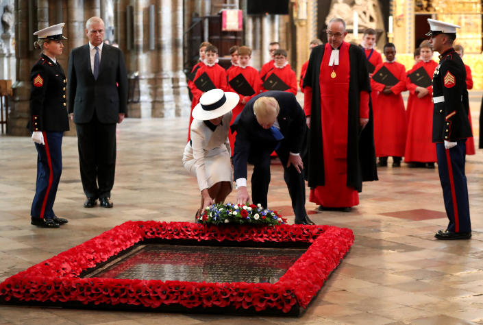 US President Donald Trump and First Lady Melania Trump lay a wreath at the Grave of the Unknown Warrior during their visit to Westminster Abbey on June 3, 2019 in London, England. (Photo: Chris Jackson/Getty Images)
