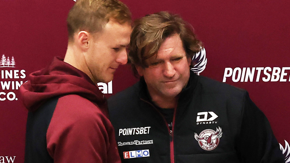 Coach Des Hasler (pictured right) in a press conference with captain Daly Cherry-Evans )pictured left).