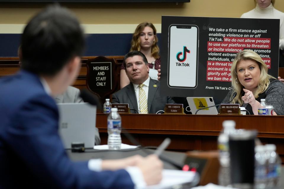 Rep. Kat Cammack, R-Fla., questions TikTok CEO Shou Zi Chew at Thursday's House hearing on the platform's consumer privacy and data security practices and impact on children,