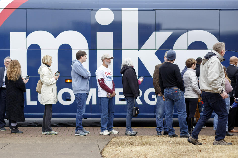 People lineup outside of the Bessie Smith Cultural Center during a campaign rally for Democratic presidential candidate Mike Bloomberg Mike Bloomberg, Wednesday, Feb. 12, 2020 in Chattanooga, Tenn. (C.B. Schmelter/Chattanooga Times Free Press via AP)
