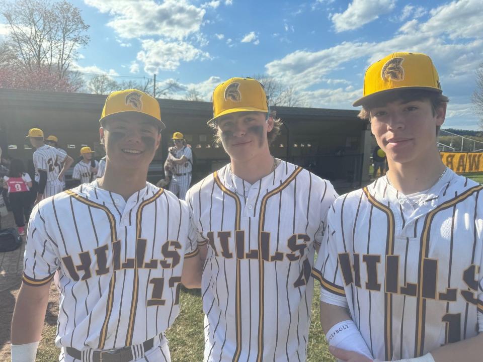 Watchung Hills second baseman Jason Wu, first baseman Ethan Byrd and shortstop Landon Pudlak pulled a triple play in the baseball game against Hillsborough on April 20, 2024