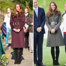 <b>The Duchess of Cambridge</b><br><br>Catherine combined style and comfort for her trip to the North of England this week. Wearing key autumn shades of burgundy and khaki, the Duchess looked polished in her coat made by an independent English designer (left) and in her high-street favourite, Reiss (right) as she attended the launch of the FA’s National Football Centre <a href="http://uk.lifestyle.yahoo.com/photos/the-best-celeb-dress-alike-couples-of-all-time-slideshow/the-duke-the-duchess-of-cambridge-photo-1349707428.html" data-ylk="slk:with husband William;elm:context_link;itc:0;sec:content-canvas;outcm:mb_qualified_link;_E:mb_qualified_link;ct:story;" class="link  yahoo-link">with husband William</a>. She teamed both looks with her favourite Aquatalia By Marvin K. Collection black boots.