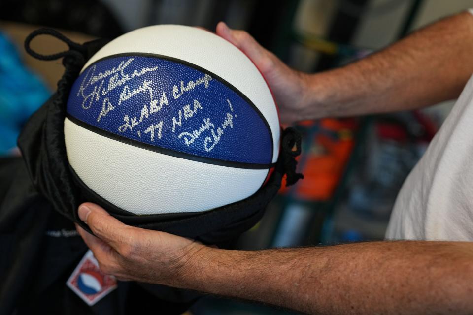 The American Basketball Association used a red, white and blue basketball, as showcased here in an autographed version sold from the Lana Sports warehouse in 2022 in Indianapolis.