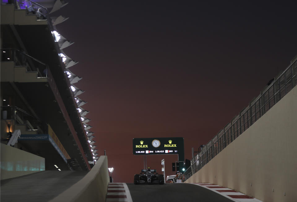 Mercedes driver Valtteri Bottas of Finland steers his car during the second free practice at the Yas Marina racetrack in Abu Dhabi, United Arab Emirates, Friday, Nov. 29, 2019. The Emirates Formula One Grand Prix will take place on Sunday. (AP Photo/Luca Bruno)