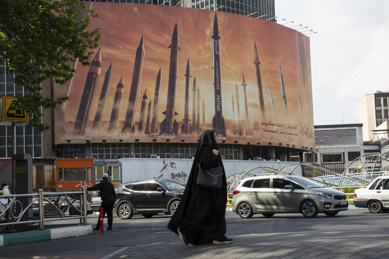 A billboard showing Iranian missiles with a message to Israel in Valiasr Square in Tehran, Iran, Friday, April 19, 2024 (Arash Khamooshi/The New York Times)