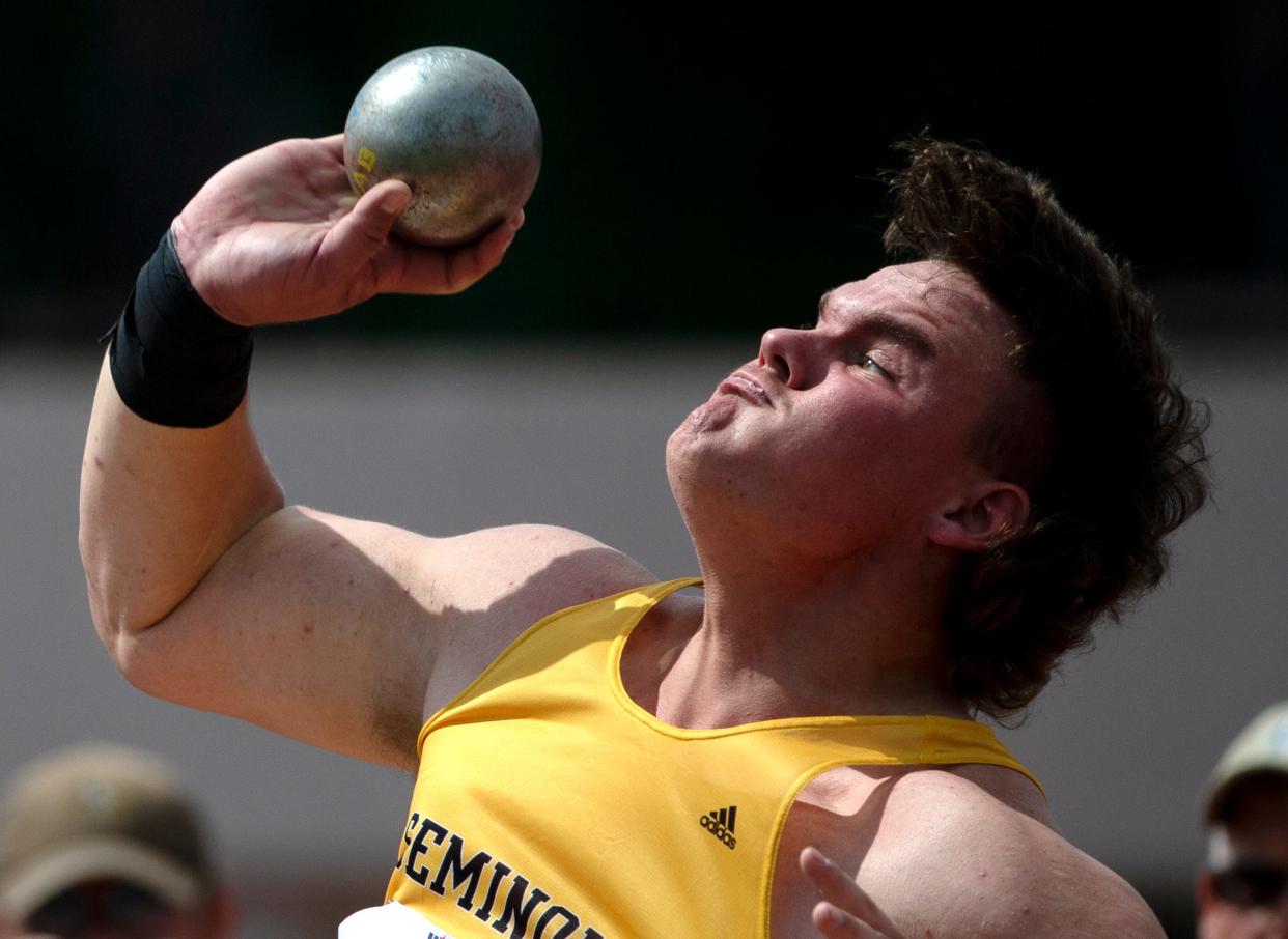 Seminole's Rikter Connally competes in the Class 4A shot put during the UIL State Track and Field meet, Thursday, May 12, 2022, at Mike Myers Stadium in Austin.