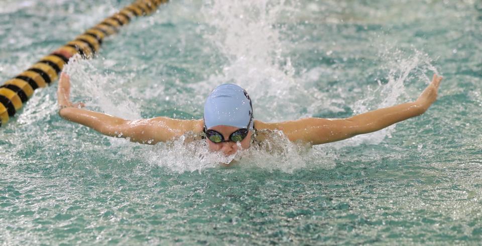 Big South Conference Female Co-Swimmer of the Year Allison Kimmel from Hunter Huss swims the butterfly in Friday's conference meet in Kings Mountain. (Brian Mayhew / Special to the Gazette)