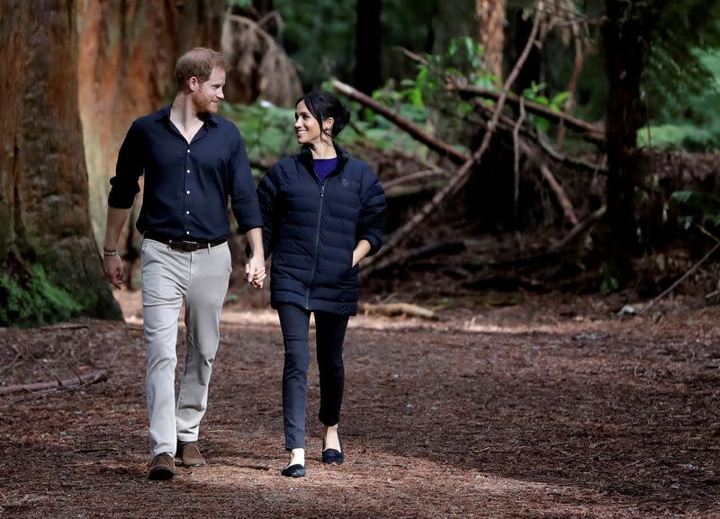 FILE PHOTO: Britain's Prince Harry and Meghan, Duchess of Sussex walk through a Redwoods forest in Rotorua, New Zealand, Wednesday