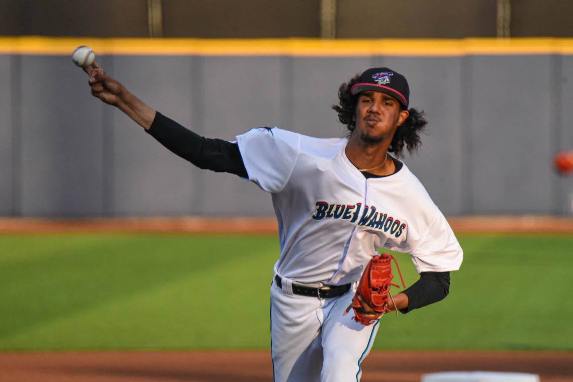 Miami Marlins pitcher prospect Eury Perez throws for the Pensacola Blue Wahoos against the Rocket City Trash Pandas on Friday, May 13, 2022.