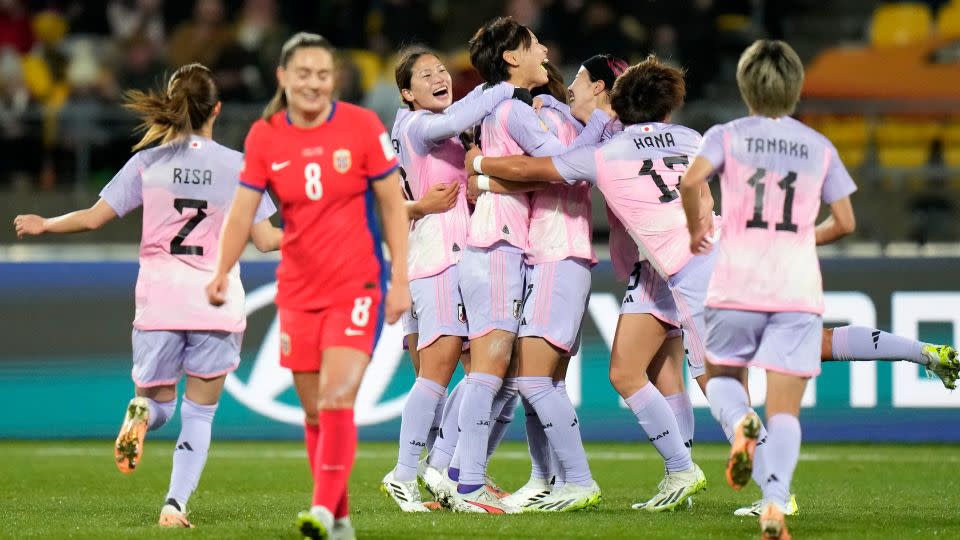 Japan's players celebrate after the opening goal against Norway. - Alessandra Tarantino/AP