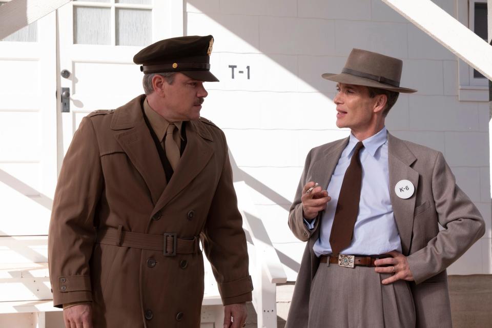 Matt Damon, left, as Lt. Gen. Leslie Groves, and Cillian Murphy as J. Robert Oppenheimer in "Oppenheimer." The two men were integral to assembling a team of top scientists who created the first atomic bomb in a remote New Mexico lab,