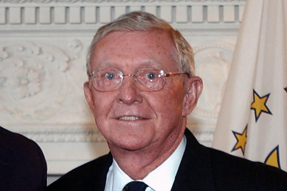 FILE - This is a June 7, 2004, file photo showing tennis Hall of Famer Tony Trabert at the Statehouse in Providence, R.I. Tony Trabert, a five-time Grand Slam singles champion and former No. 1 player who went on to successful careers as a Davis Cup captain, broadcaster and executive, has died. He was 90 years old. The Tennis Hall of Famer's death Wednesday night, Feb. 3, 2021, at his home in Ponte Vedra Beach, Florida, was confirmed by his daughter, Brooke Trabert Dabkowski. (AP Photo/Victoria Arocho, FIle)