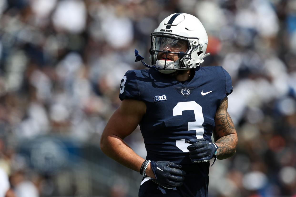 Apr 13, 2024; University Park, PA, USA; Penn State Nittany Lions wide receiver Julian Fleming (3) runs behind the line of scrimmage during the second quarter of the Blue White spring game at Beaver Stadium. The White team defeated the Blue team 27-0. Mandatory Credit: Matthew O'Haren-USA TODAY Sports