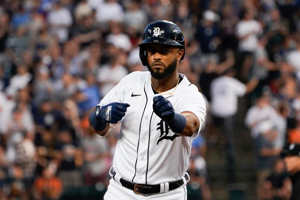 Detroit Tigers Willi Castro reacts to hitting a solo home run in the fifth inning of a baseball game against the Los Angeles Angels in Detroit, Wednesday, Aug. 18, 2021.