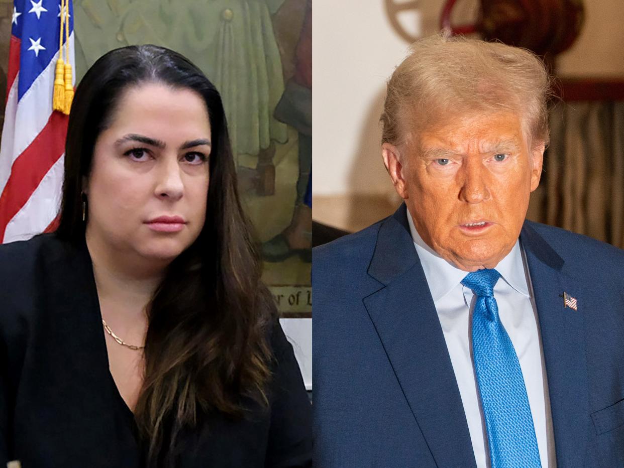 Law clerk Allison Greenfield wearing a black suit in front of an American flag; Donald Trump wearing a blue suit and tie