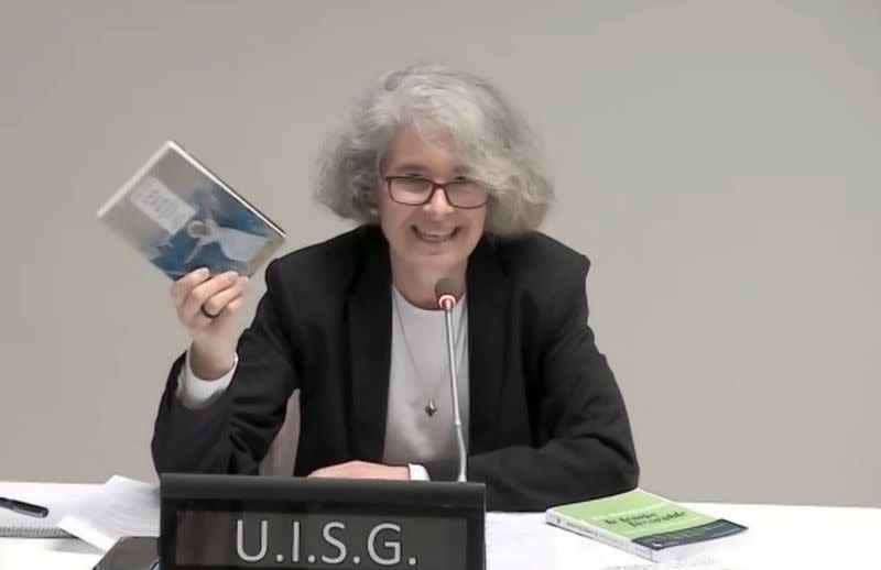 Sister Nathalie Becquart speaks during a meeting, in Rome