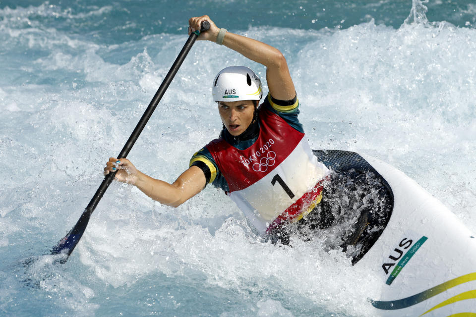 <p>TOKYO, JAPAN - JULY 29: Jessica Fox of Team Australia competes during the Women's Canoe Slalom Semi-final on day six of the Tokyo 2020 Olympic Games at Kasai Canoe Slalom Centre on July 29, 2021 in Tokyo, Japan. (Photo by Adam Pretty/Getty Images)</p> 