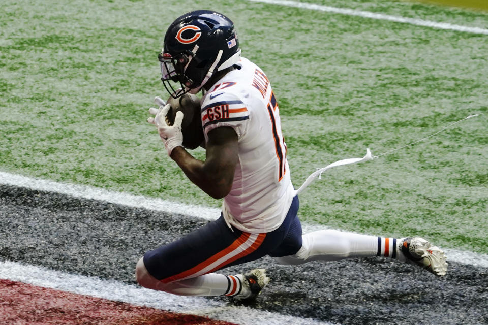 Chicago Bears wide receiver Anthony Miller (17) makes a touchdown catch against the Atlanta Falcons during the second half of an NFL football game, Sunday, Sept. 27, 2020, in Atlanta. (AP Photo/Brynn Anderson)