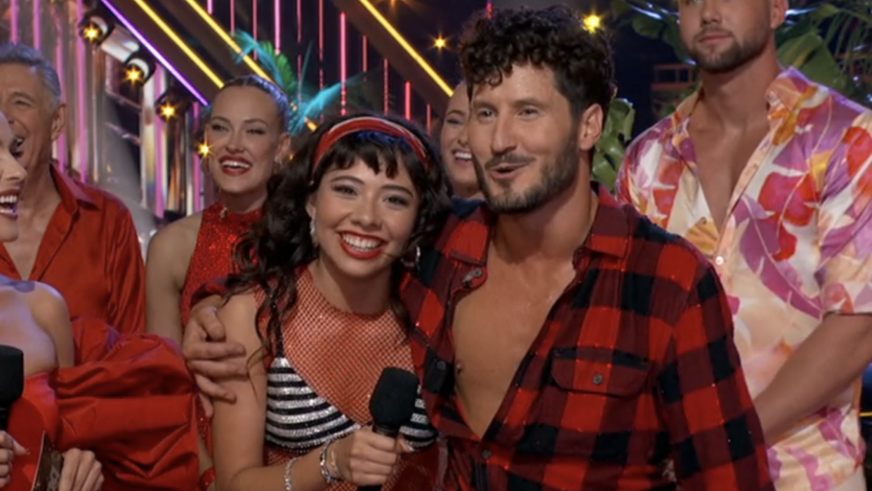  Xochitl Gomez and Val Chmerkovskiy after salsa on Dancing with the Stars. 