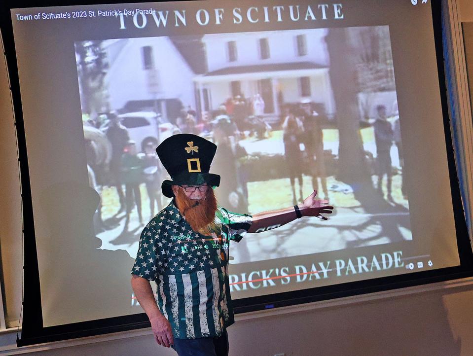 Ed Kelley talks about the origins of the Scituate St. Patrick's Day Parade in the town's Minot neighborhood over 20 years ago at the Scituate Senior Center on Tuesday, March 5, 2024. This year's edition of the parade will take place on Sunday, March 17.