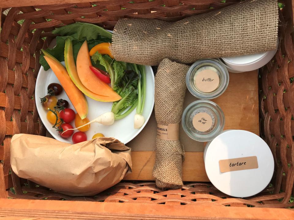 Picnic basket at Blue Hill at Stone Barns in Pocantico Hills, N.Y.