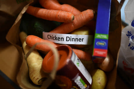 A Bingo prize of a bag of ingredients to make a traditional chicken dinner is displayed at Coronation Hall in Skegness, Britain March 3, 2019. REUTERS/Clodagh Kilcoyne/Files