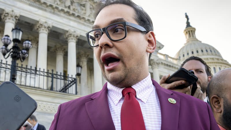 Rep. George Santos, R-N.Y., speaks to reporters outside the Capitol in Washington on May 17, 2023. The House Ethics panel says it has found “substantial evidence” of lawbreaking by Santos and has referred its findings to the Justice Department.