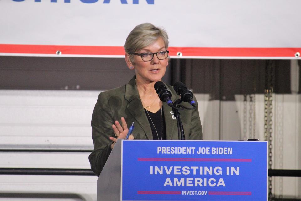 U.S. Energy Secretary Jennifer Granholm announces a $1.52 billion loan commitment from the Department of Energy to Holtec to support the repowering of the Palisades Nuclear Power Plant on Wednesday, March 27.