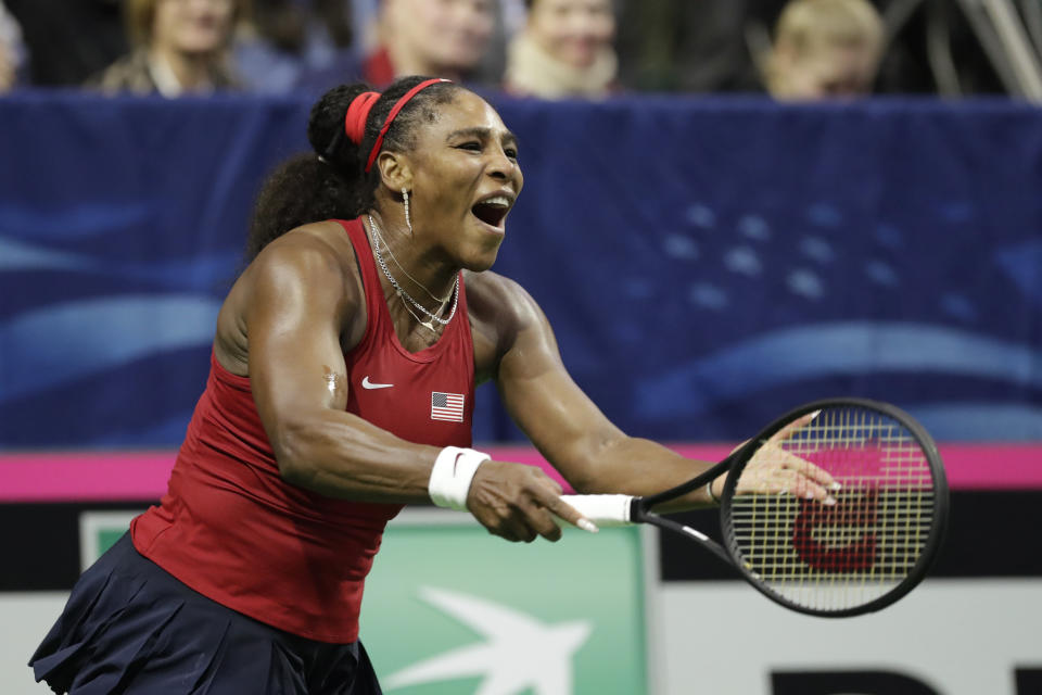United States' Serena Williams reacts after scoring a point against Latvia's Anastasija Sevastova during a Fed Cup qualifying tennis match Saturday, Feb. 8, 2020, in Everett, Wash. (AP Photo/Elaine Thompson)