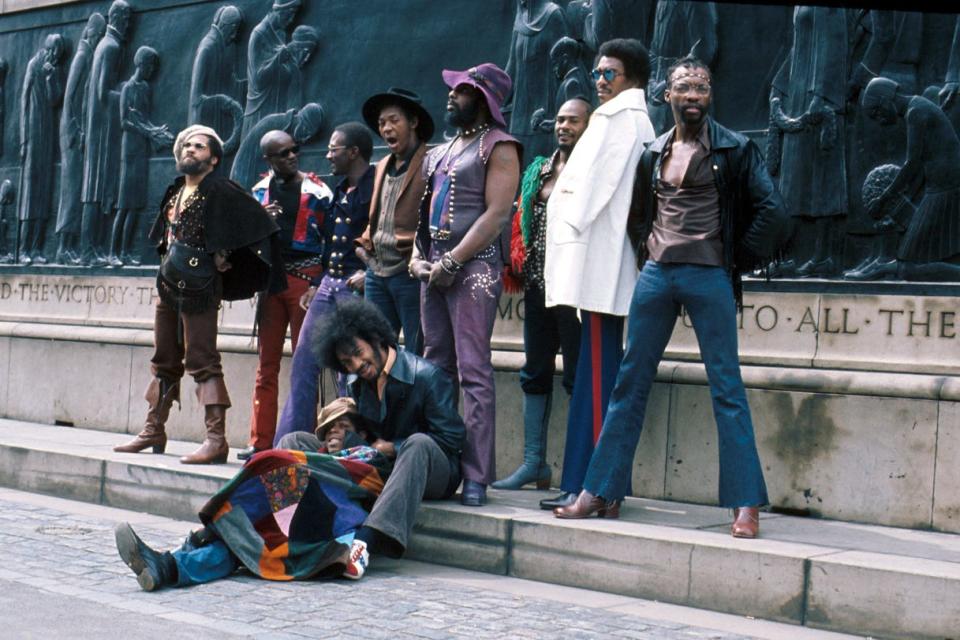 Parliament Funkadelic in Liverpool in 1971: Fuzzy Haskins (left to right), Tawl Ross, Bernie Worrell, Tiki Fulwood, Grady Thomas, George Clinton, Ray Davis, Calvin Simon and seated, Eddie Hazel and Billy “Bass” Nelson.