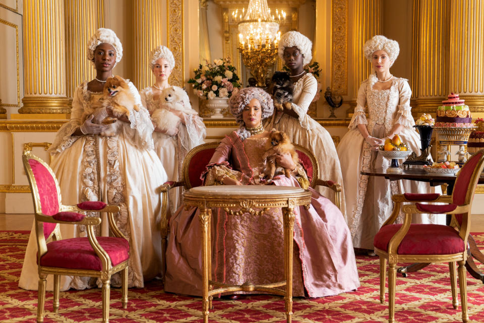 Golda Rosheuvel, center, as Queen Charlotte in "Bridgerton." (Photo: Netflix)