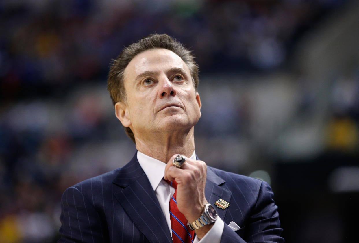 INDIANAPOLIS, IN - MARCH 19:  Head coach Rick Pitino of the Louisville Cardinals reacts to their 69-73 loss to the Michigan Wolverines during the second round of the 2017 NCAA Men's Basketball Tournament at the Bankers Life Fieldhouse on March 19, 2017 in Indianapolis, Indiana.  (Photo by Joe Robbins/Getty Images)