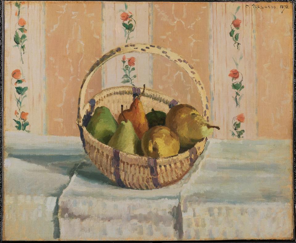 Camille Pissarro's "Still Life: Apples and Pears in a Round Basket," 1872.