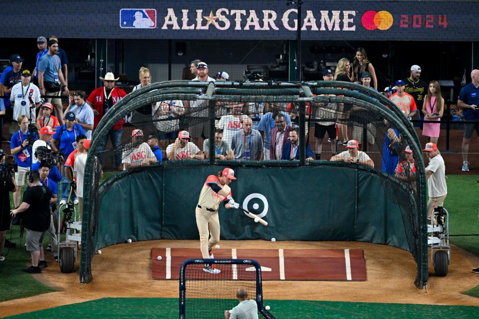 American League shortstop Gunnar Henderson of the Baltimore Orioles takes batting practice before the MLB All-Star game, July 16, 2024, in Arlington, Texas.