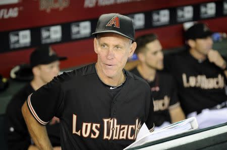 Sep 27, 2014; Phoenix, AZ, USA; Arizona Diamondbacks interim manager Alan Trammell (3) looks on before facing the St. Louis Cardinals at Chase Field. Mandatory Credit: Joe Camporeale-USA TODAY Sports