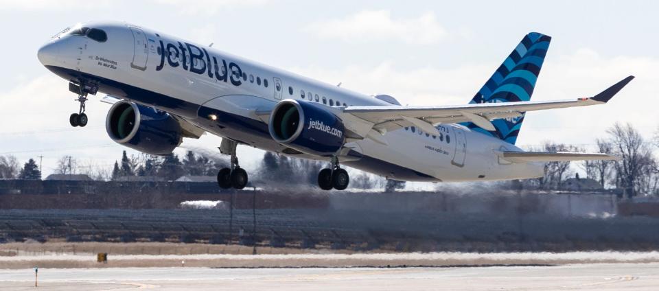 JetBlue's inaugural flight from Milwaukee to New York takes off Sunday, March 27, 2022, at Mitchell Airport in Milwaukee.