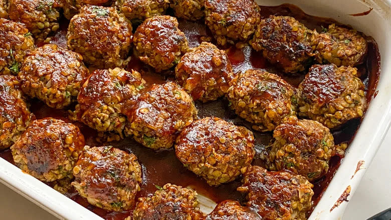 lentil meatballs in cooking dish