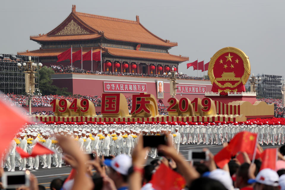 A float featuring ChinaÃ­s national emblem travels past TianÃ­anmen Gate during a parade marking the 70th anniversary of the founding of the People's Republic of China, on its National Day in Beijing, China October 1, 2019. (Photo: China Daily via Reuters)